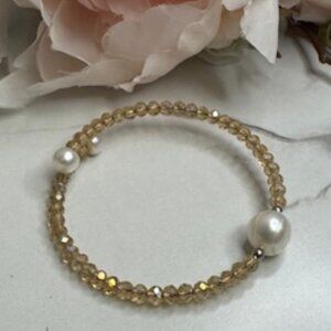 6-11mm White Cultured Freshwater Pearl Crystal Stainless Steel Wire Bracelet